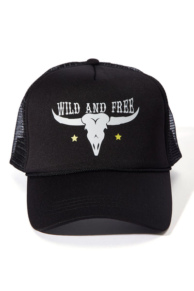 Wild and Free Bull Skull Trucker Hat - Black/White