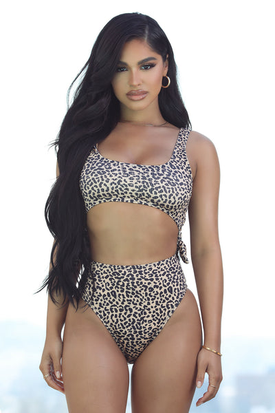 Poolside Cabana Drinks Cutout One Piece Swimsuit - Brown/combo