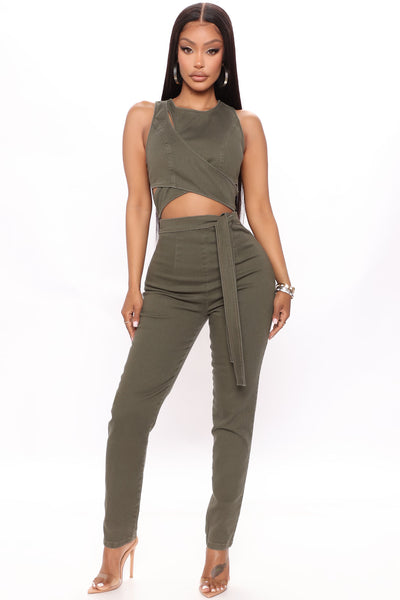 Cut Out The Haters Denim Jumpsuit - Olive