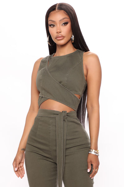 Cut Out The Haters Denim Jumpsuit - Olive