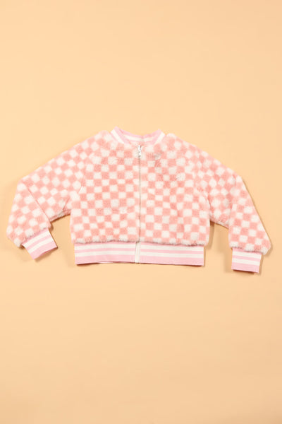 Mini The Checkered Life Faux Fur Bomber Jacket - Pink