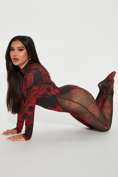 Time To Slay Mesh Jumpsuit - Red/combo