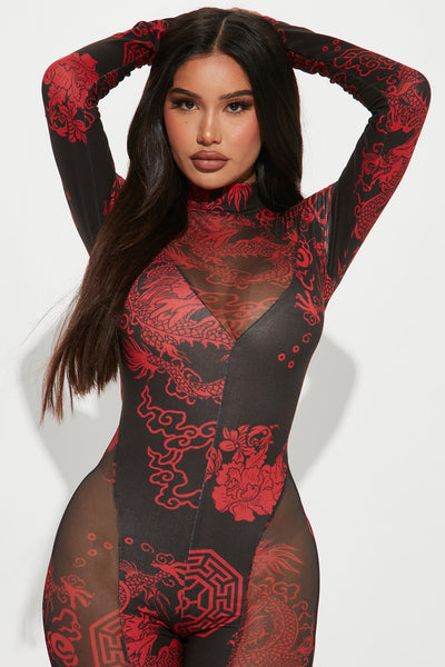 Time To Slay Mesh Jumpsuit - Red/combo