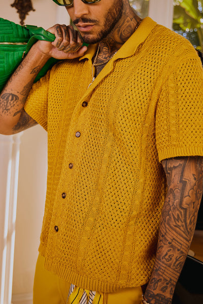 Unwind Cable Knit Short Sleeve Button Up - Mustard