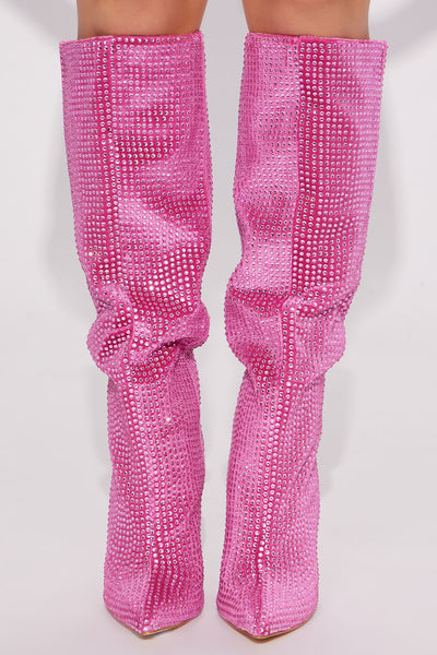 Viviana Embellished Knee High Boots - Pink