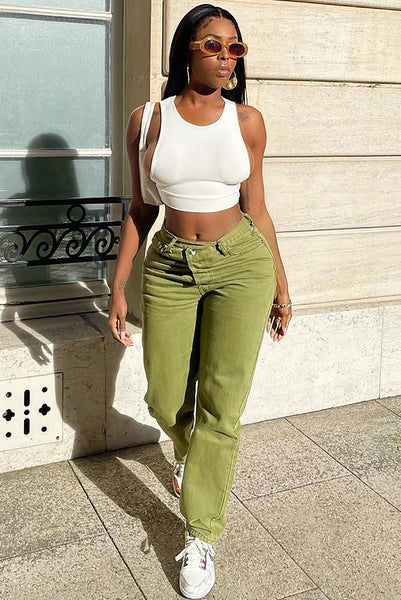 Crossover Color Straight Leg Jeans - Olive