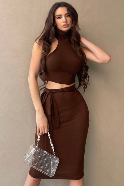 Yeah I'm Glowing Skirt Set - Brown